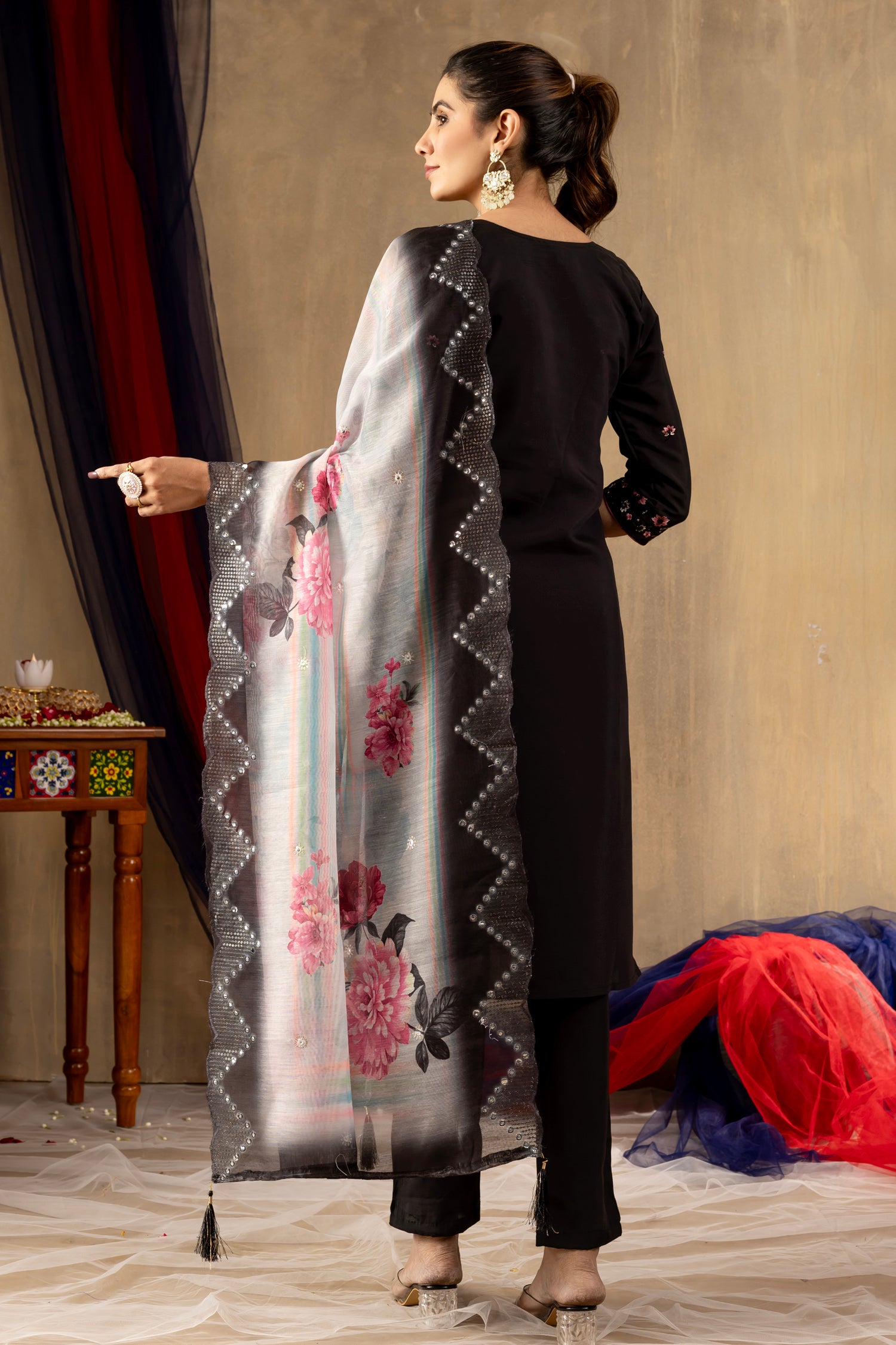 Lorenvalley Fashion Black Roman Silk Embroidery Sequins with Hand work Kurta Pant Dupatta