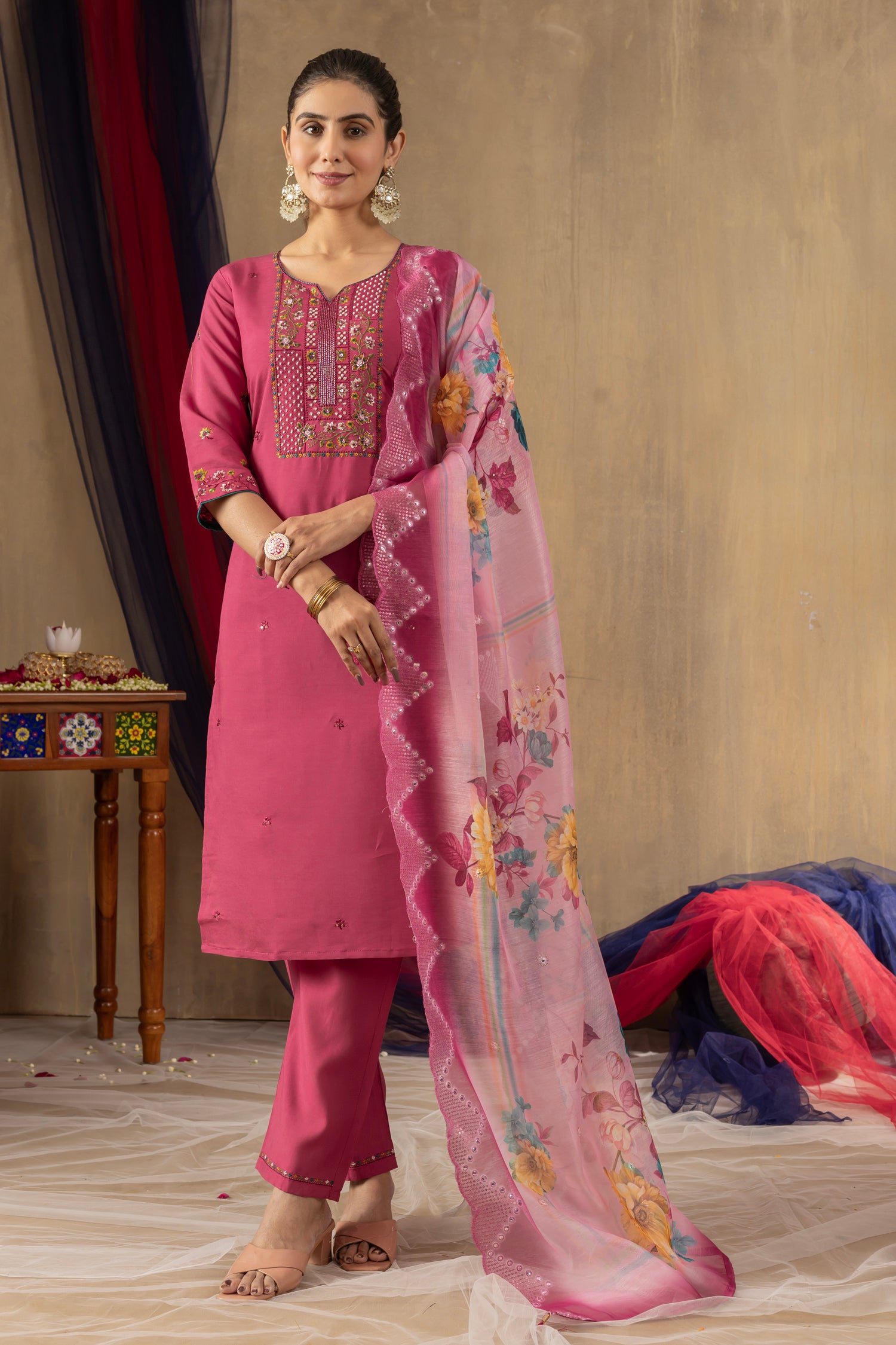 Lorenvalley Fashion Pink Roman Silk Embroidery Sequins with Hand work Kurta Pant Dupatta