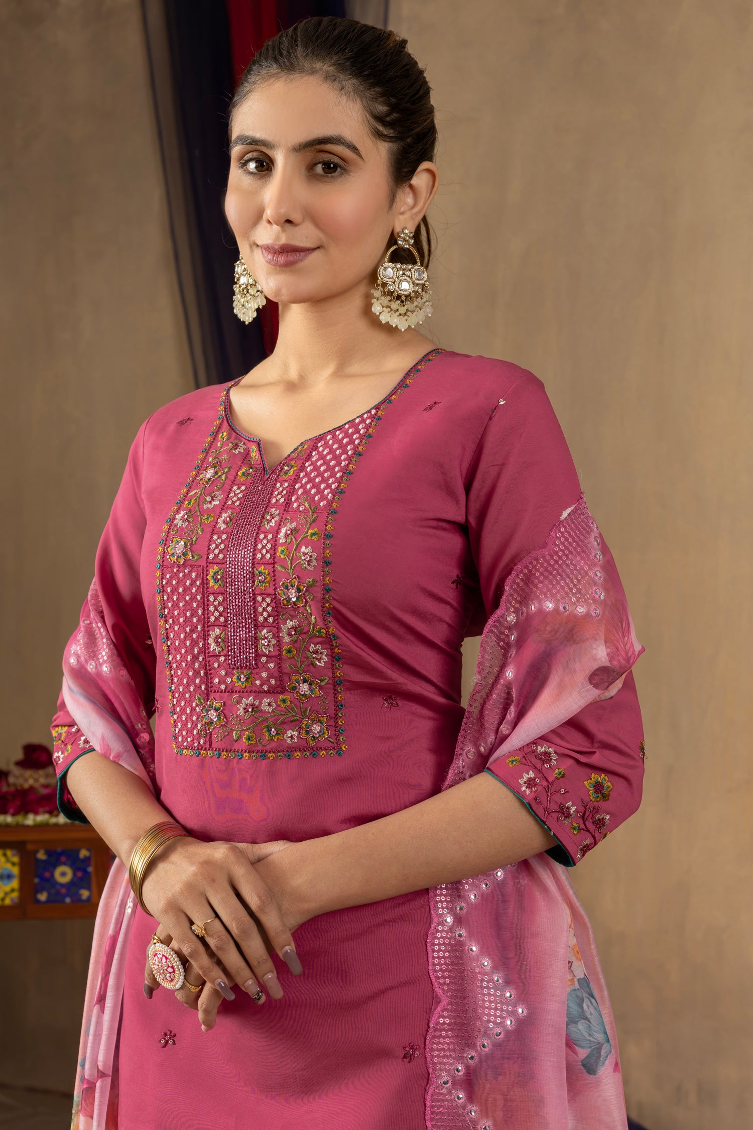 Lorenvalley Fashion Pink Roman Silk Embroidery Sequins with Hand work Kurta Pant Dupatta