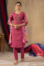 Thumbnail for Lorenvalley Fashion Pink Roman Silk Embroidery Sequins with Hand work Kurta Pant Dupatta