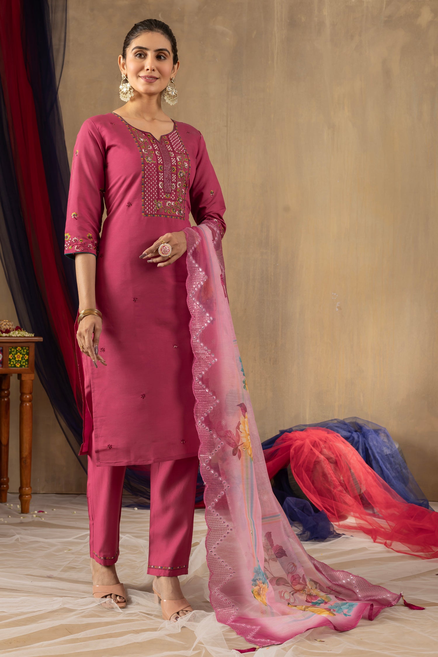 Lorenvalley Fashion Pink Roman Silk Embroidery Sequins with Hand work Kurta Pant Dupatta