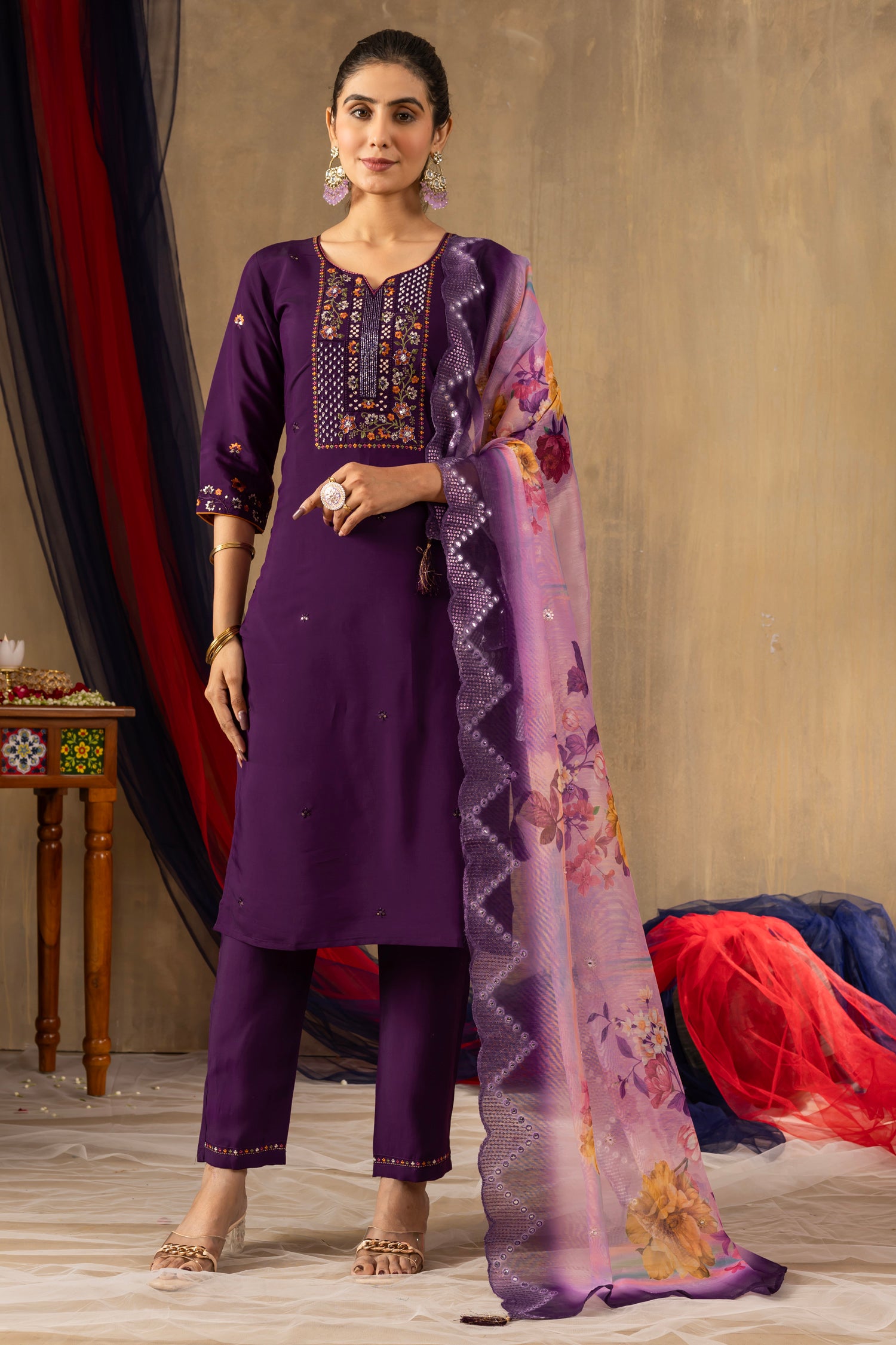 Lorenvalley Fashion Purple Roman Silk Embroidery Sequins with Hand work Kurta Pant Dupatta