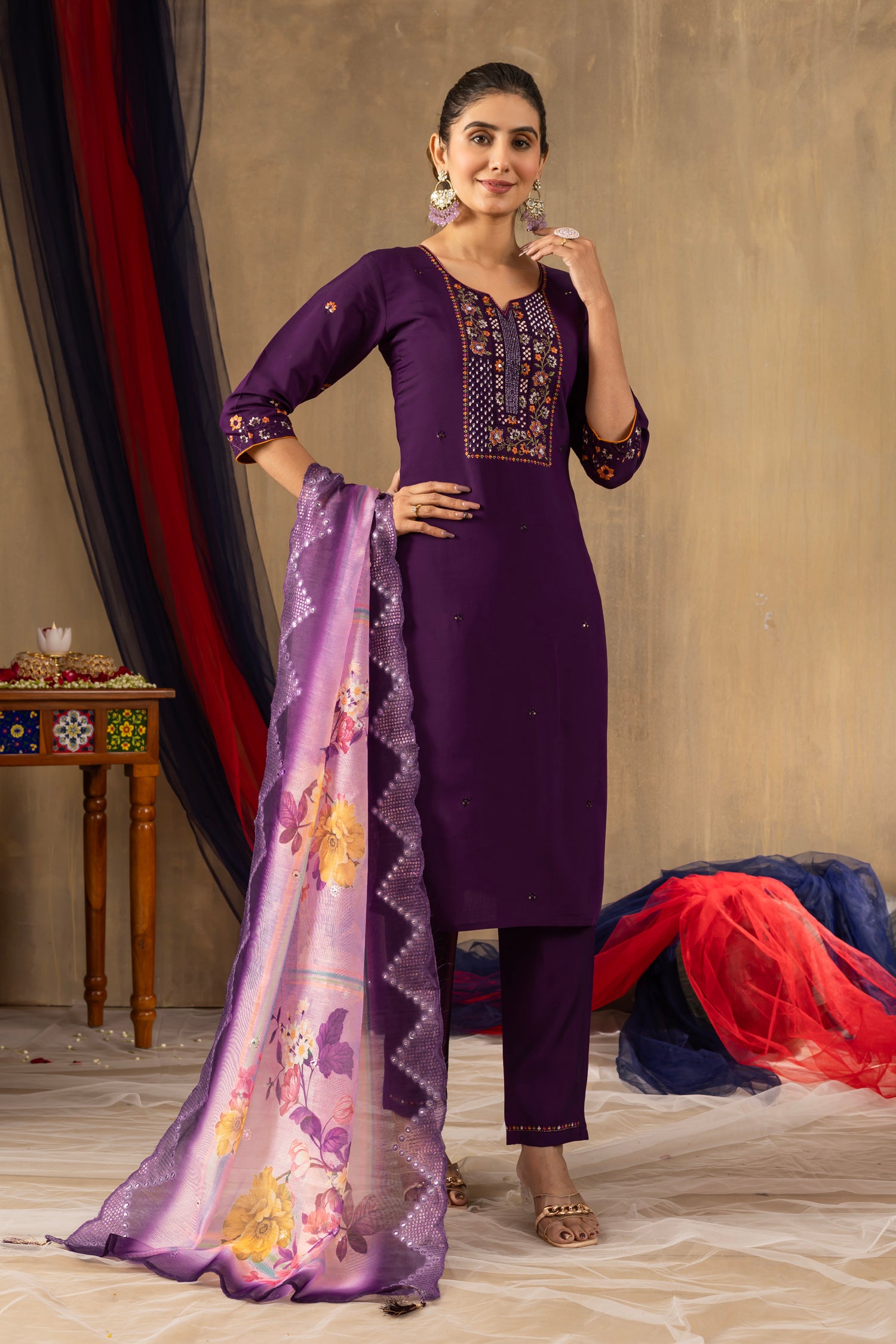 Lorenvalley Fashion Purple Roman Silk Embroidery Sequins with Hand work Kurta Pant Dupatta