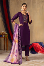Thumbnail for Lorenvalley Fashion Purple Roman Silk Embroidery Sequins with Hand work Kurta Pant Dupatta