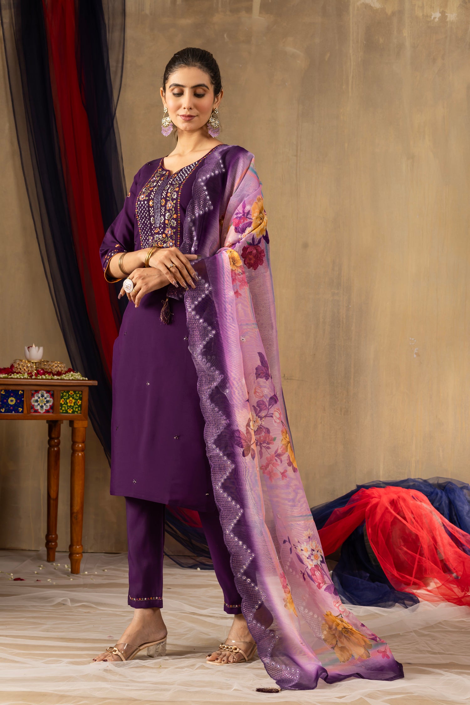 Lorenvalley Fashion Purple Roman Silk Embroidery Sequins with Hand work Kurta Pant Dupatta