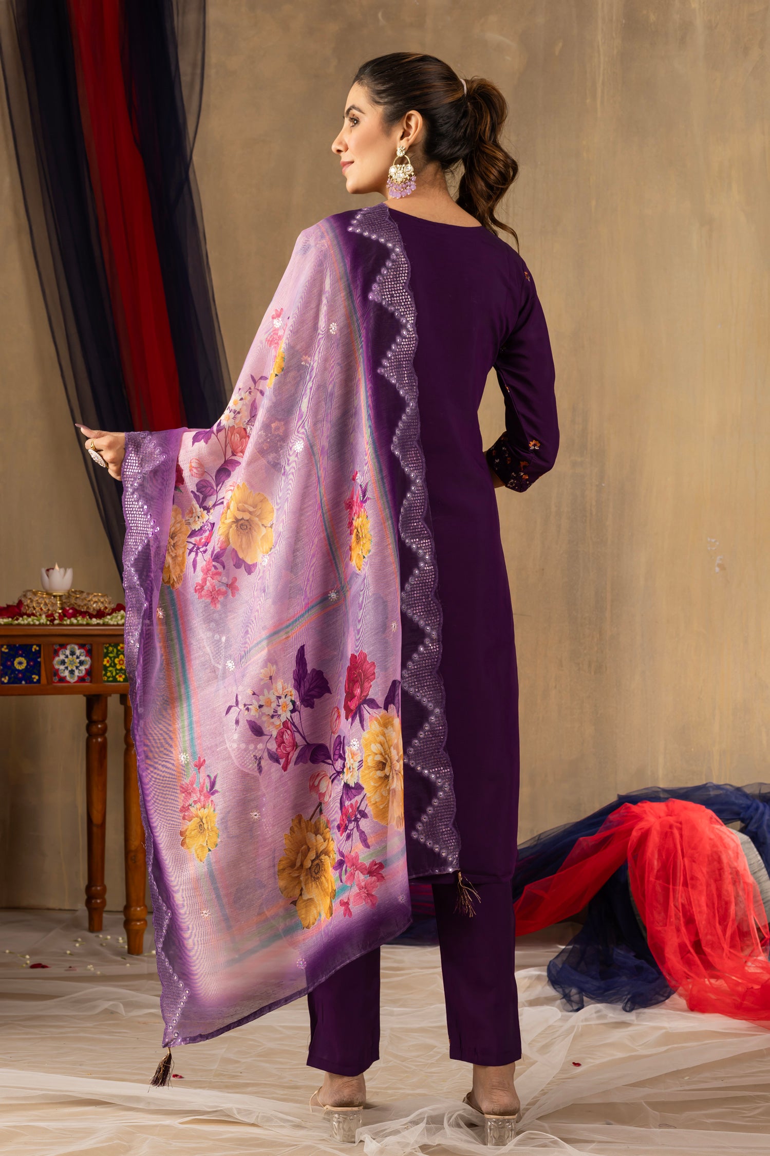 Lorenvalley Fashion Purple Roman Silk Embroidery Sequins with Hand work Kurta Pant Dupatta
