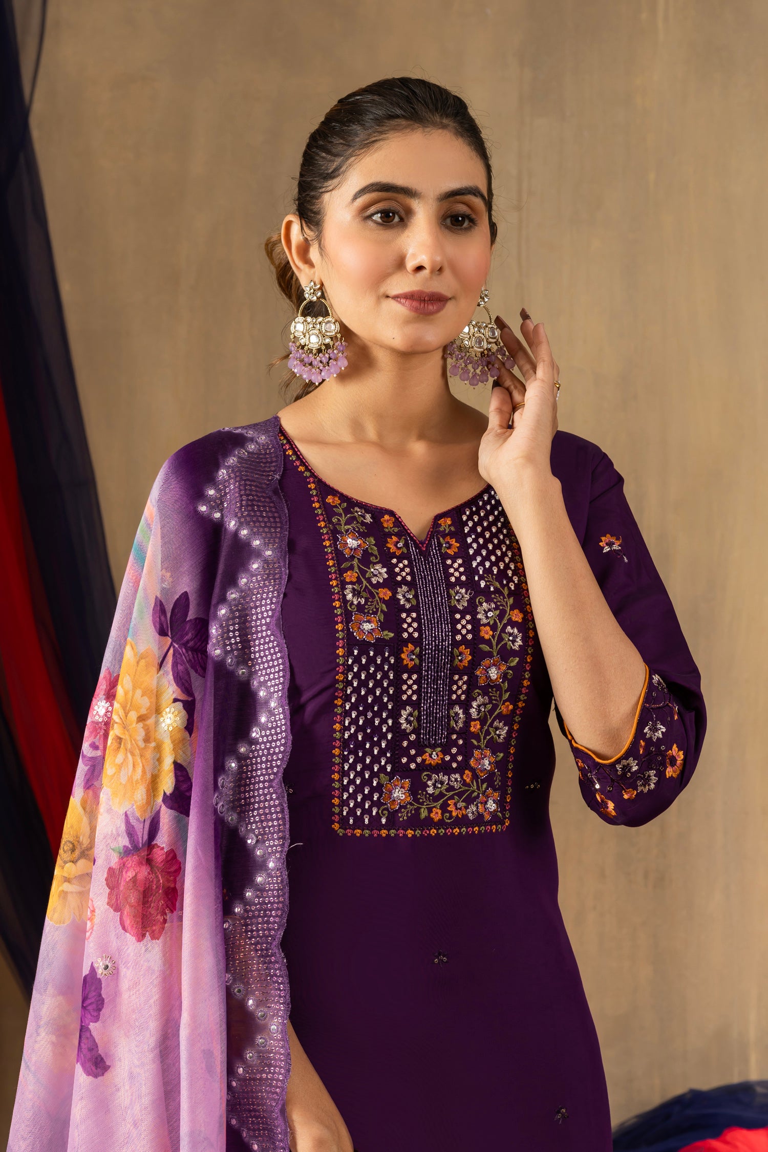 Lorenvalley Fashion Purple Roman Silk Embroidery Sequins with Hand work Kurta Pant Dupatta