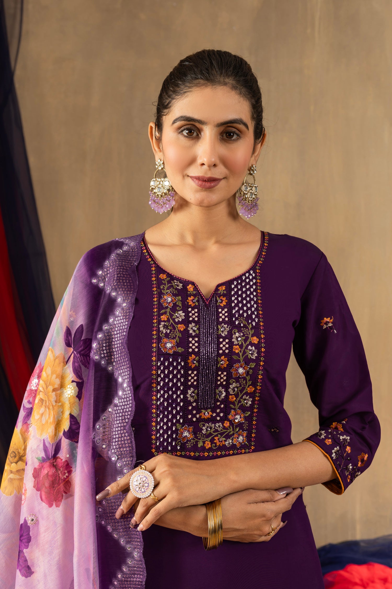 Lorenvalley Fashion Purple Roman Silk Embroidery Sequins with Hand work Kurta Pant Dupatta