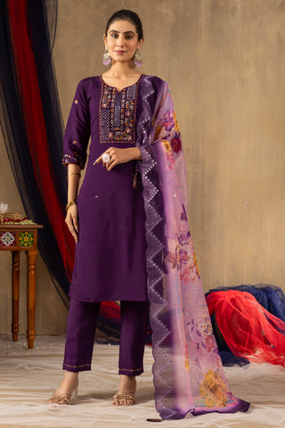 Lorenvalley Fashion Purple Roman Silk Embroidery Sequins with Hand work Kurta Pant Dupatta