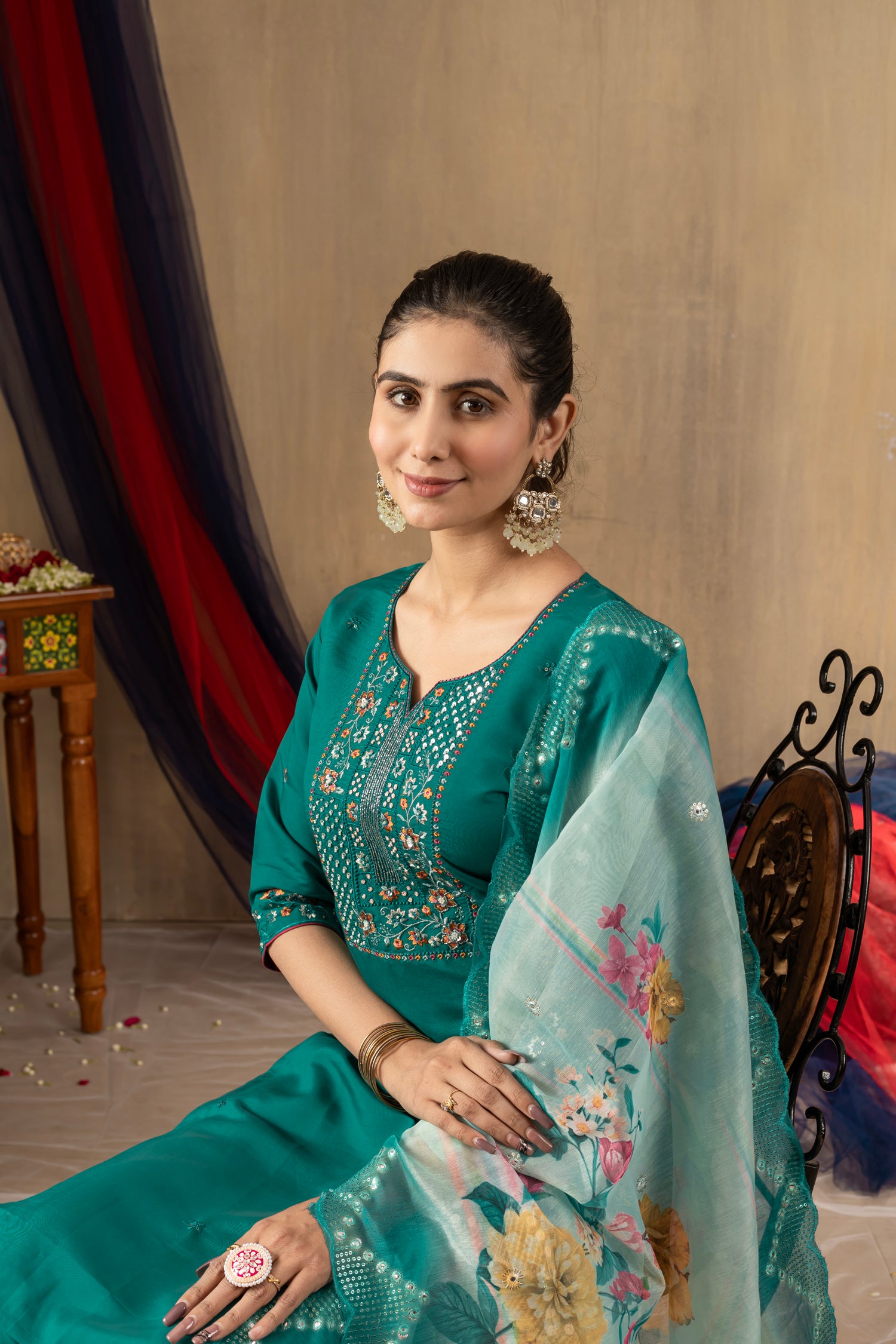 Lorenvalley Fashion Rama Roman Silk Embroidery Sequins with Hand work Kurta Pant Dupatta