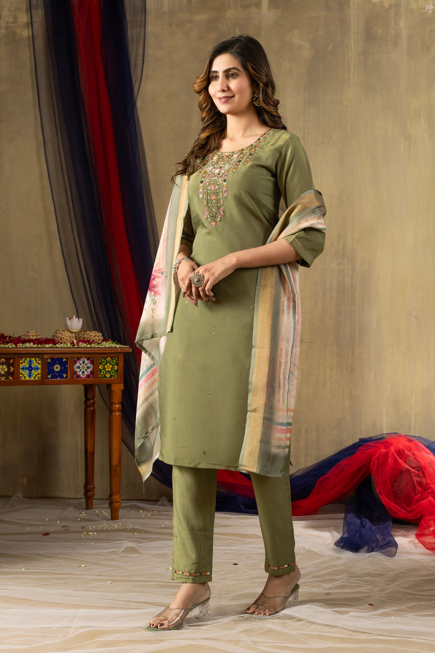 Lorenvalley Fashion Green Shimmer Gold Silk Multi Embroidery Thread With Hand Work Kurta Pant Dupatta