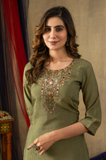 Thumbnail for Lorenvalley Fashion Green Shimmer Gold Silk Multi Embroidery Thread With Hand Work Kurta Pant Dupatta