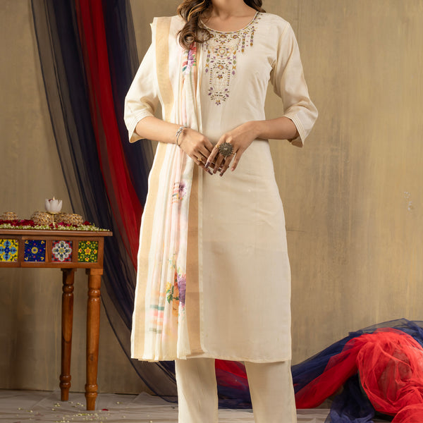 Lorenvalley Fashion Offwhite Shimmer Gold Silk Multi Embroidery Thread With Hand Work Kurta Pant Dupatta - Distacart