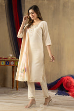 Thumbnail for Lorenvalley Fashion Offwhite Shimmer Gold Silk Multi Embroidery Thread With Hand Work Kurta Pant Dupatta