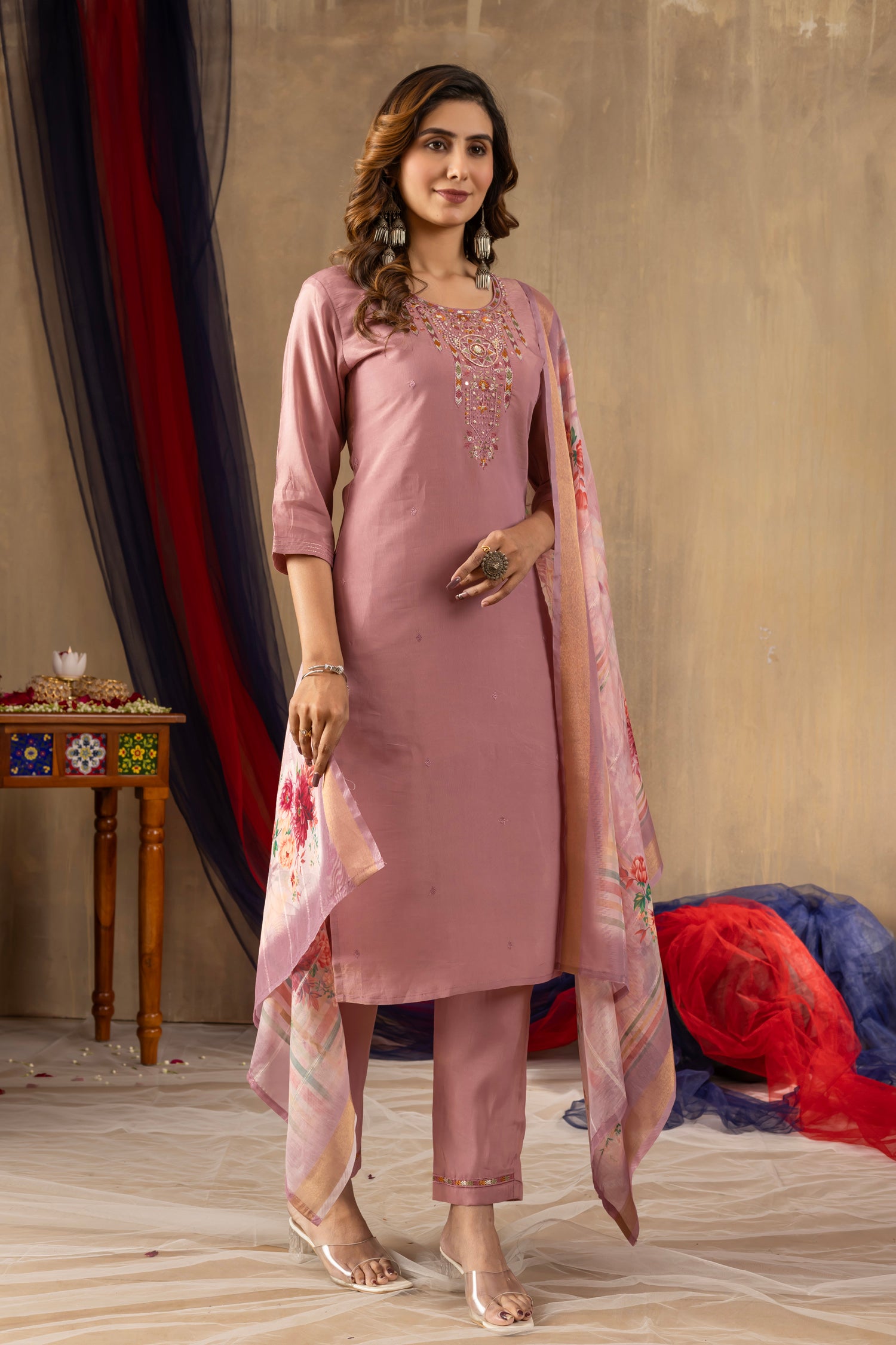 Lorenvalley Fashion Onionpink Shimmer Gold Silk Multi Embroidery Thread With Hand Work Kurta Pant Dupatta