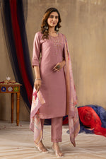 Thumbnail for Lorenvalley Fashion Onionpink Shimmer Gold Silk Multi Embroidery Thread With Hand Work Kurta Pant Dupatta