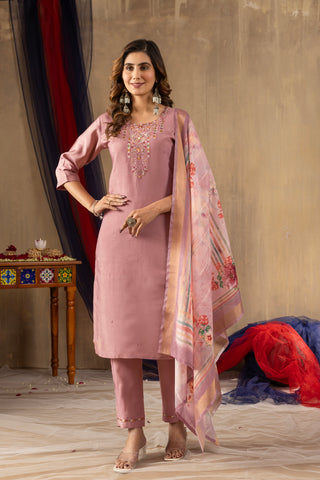 Lorenvalley Fashion Onionpink Shimmer Gold Silk Multi Embroidery Thread With Hand Work Kurta Pant Dupatta