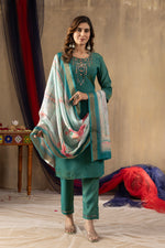 Thumbnail for Lorenvalley Fashion Rama Shimmer Gold Silk Multi Embroidery Thread With Hand Work Kurta Pant Dupatta