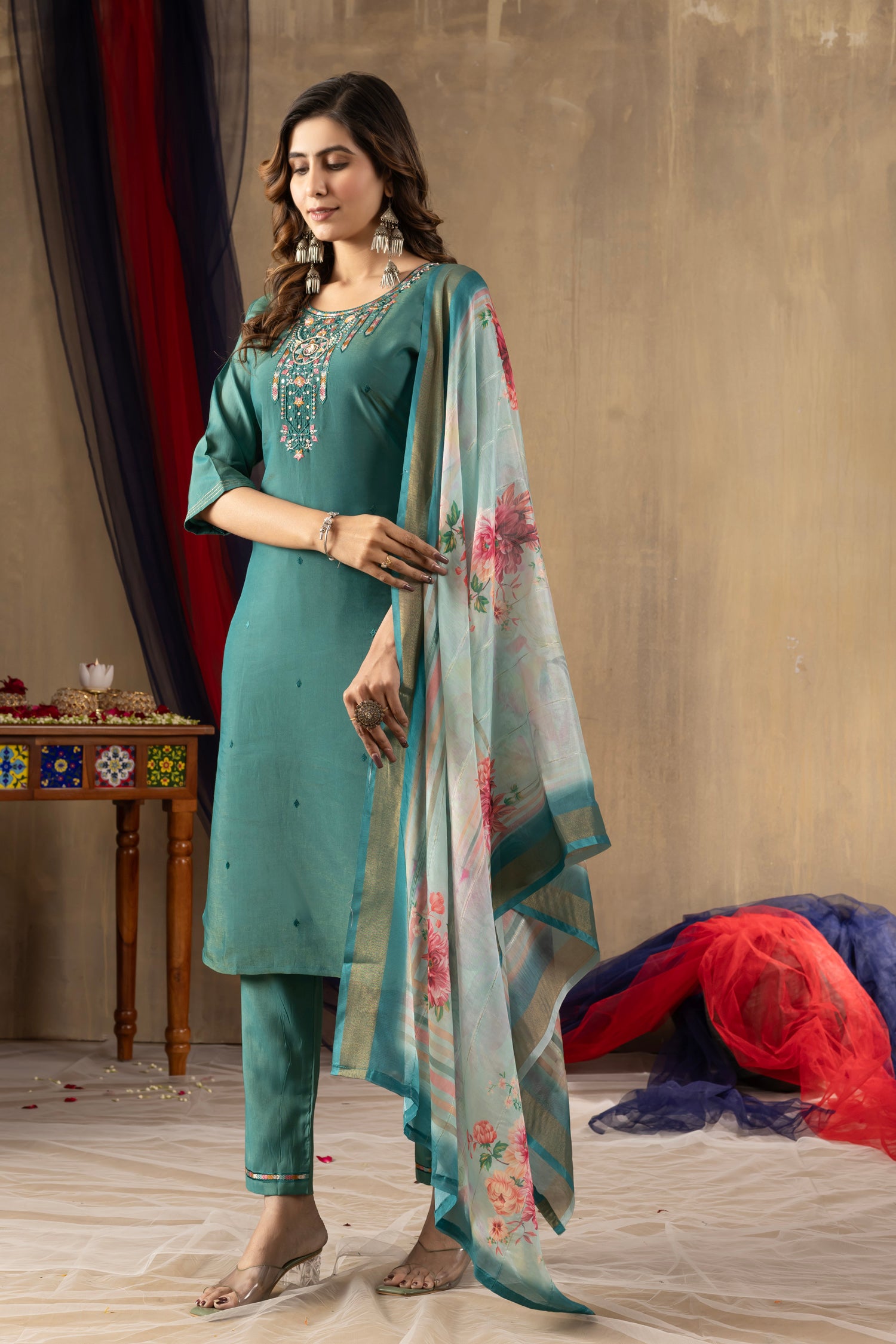 Lorenvalley Fashion Rama Shimmer Gold Silk Multi Embroidery Thread With Hand Work Kurta Pant Dupatta