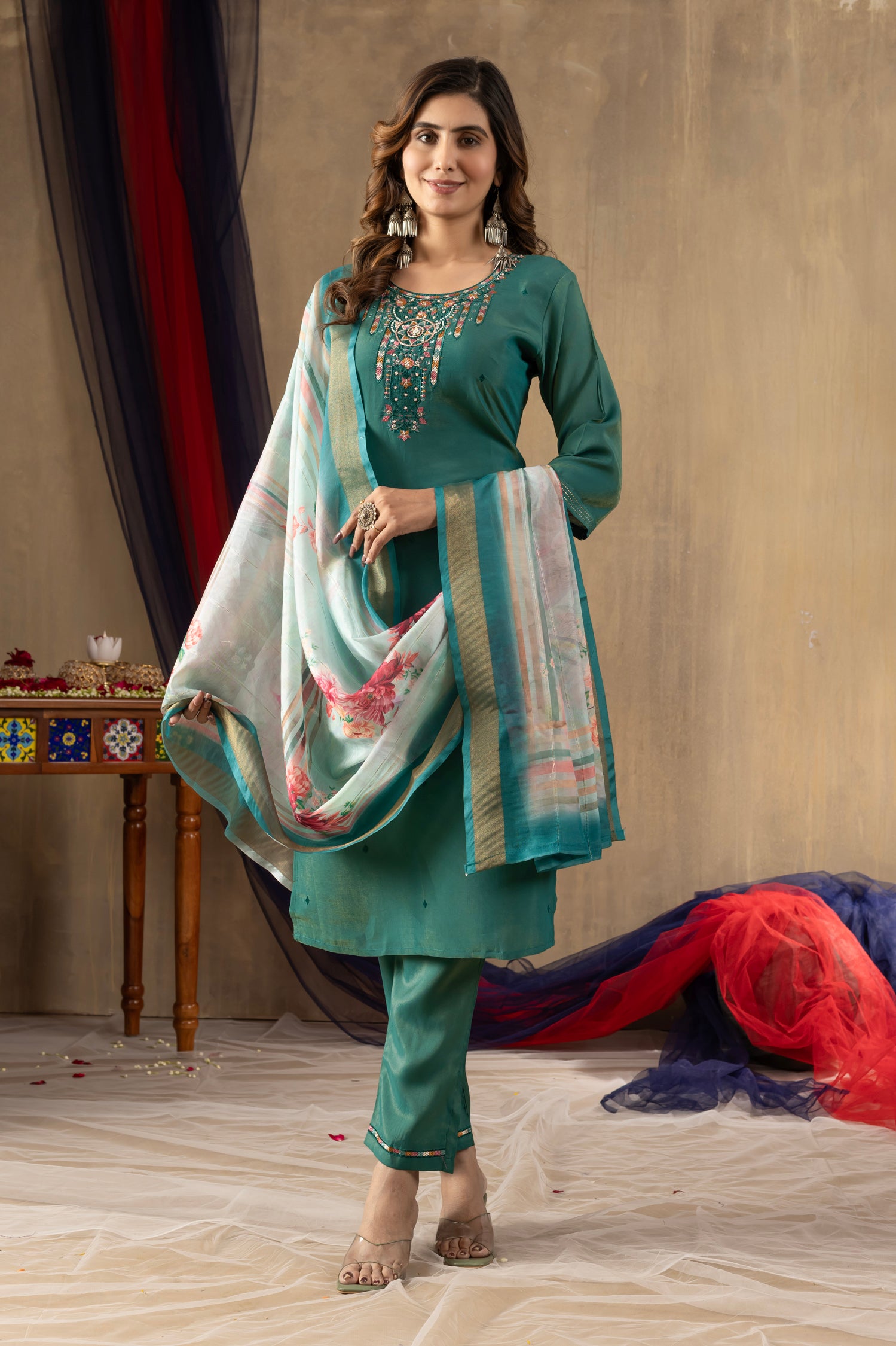 Lorenvalley Fashion Rama Shimmer Gold Silk Multi Embroidery Thread With Hand Work Kurta Pant Dupatta