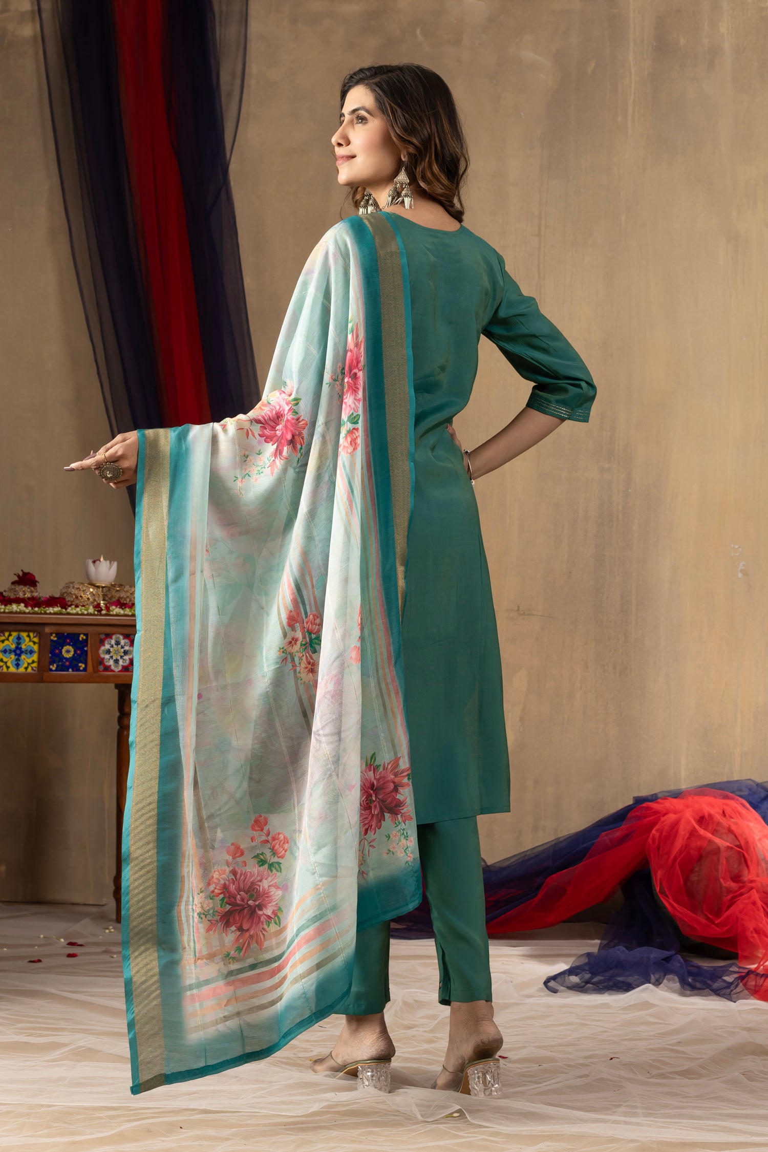 Lorenvalley Fashion Rama Shimmer Gold Silk Multi Embroidery Thread With Hand Work Kurta Pant Dupatta