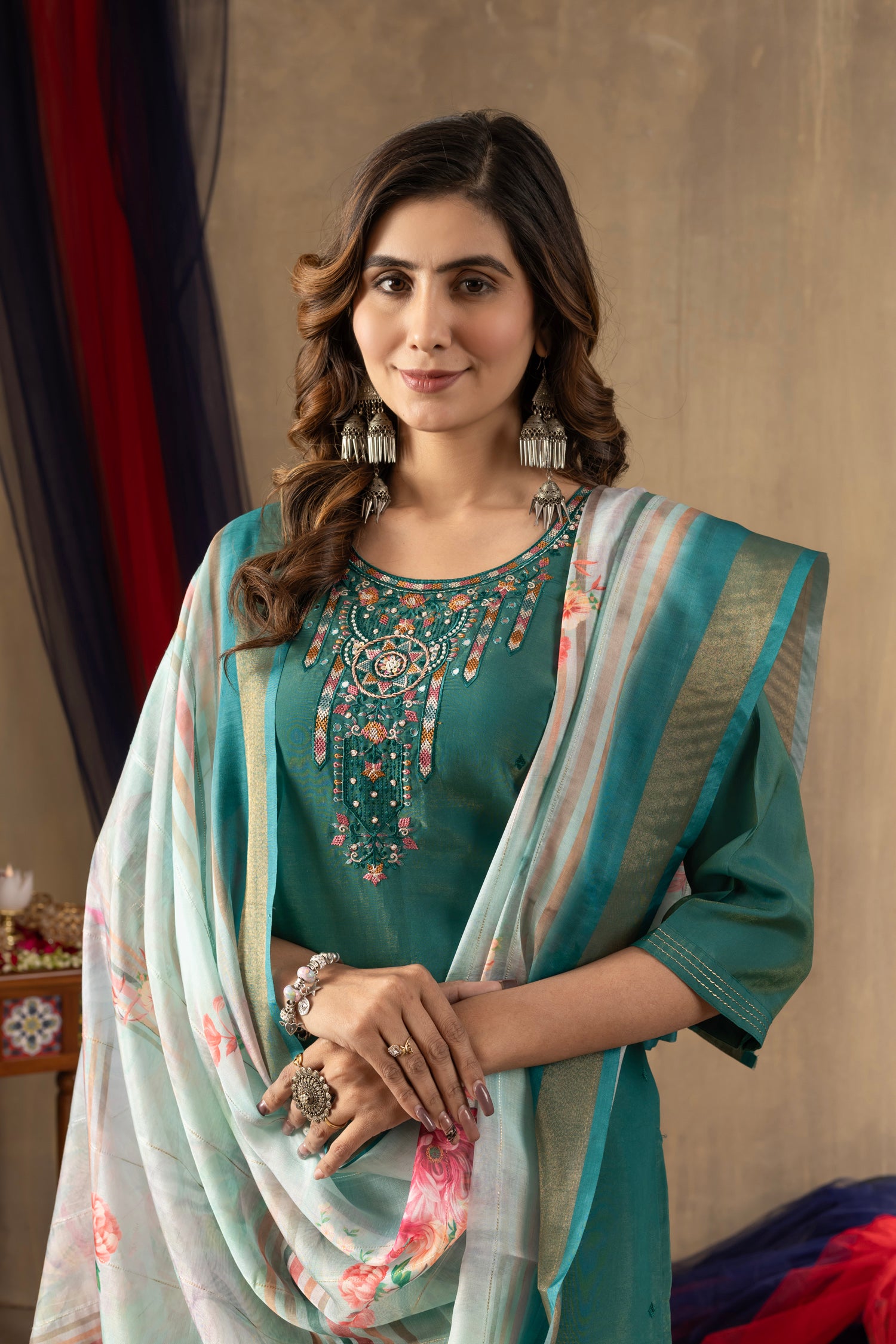 Lorenvalley Fashion Rama Shimmer Gold Silk Multi Embroidery Thread With Hand Work Kurta Pant Dupatta
