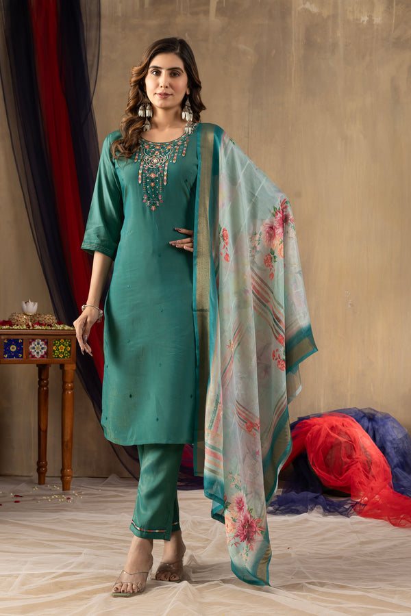Lorenvalley Fashion Rama Shimmer Gold Silk Multi Embroidery Thread With Hand Work Kurta Pant Dupatta