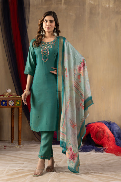 Lorenvalley Fashion Rama Shimmer Gold Silk Multi Embroidery Thread With Hand Work Kurta Pant Dupatta