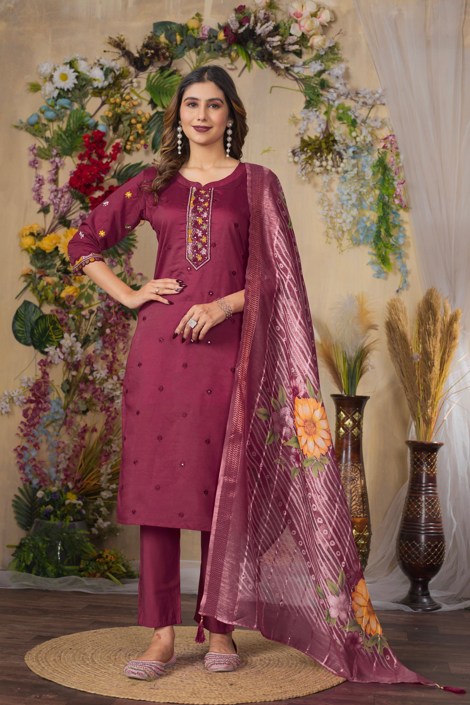 Lorenvalley Fashion Cerise Roman Silk Multi Embroidery Thread With Hand Work Kurta Pant Dupatta