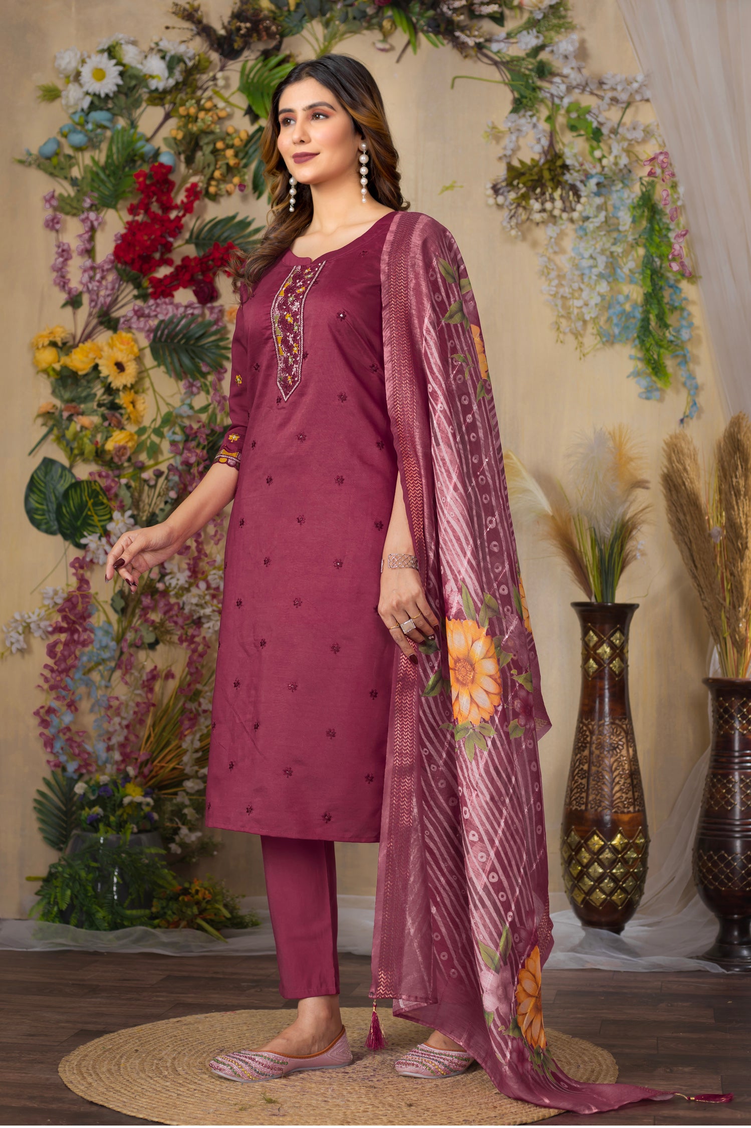 Lorenvalley Fashion Cerise Roman Silk Multi Embroidery Thread With Hand Work Kurta Pant Dupatta