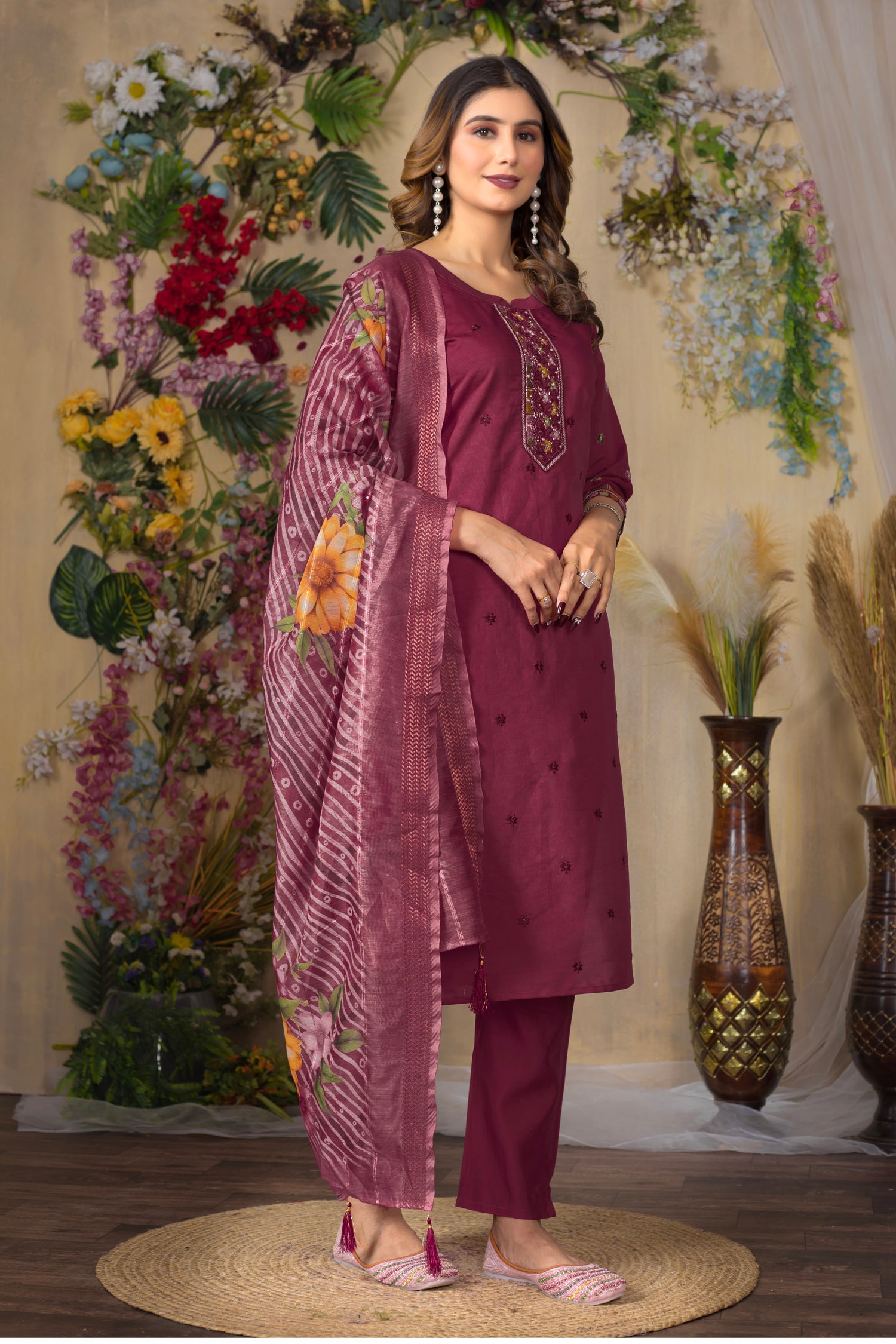 Lorenvalley Fashion Cerise Roman Silk Multi Embroidery Thread With Hand Work Kurta Pant Dupatta