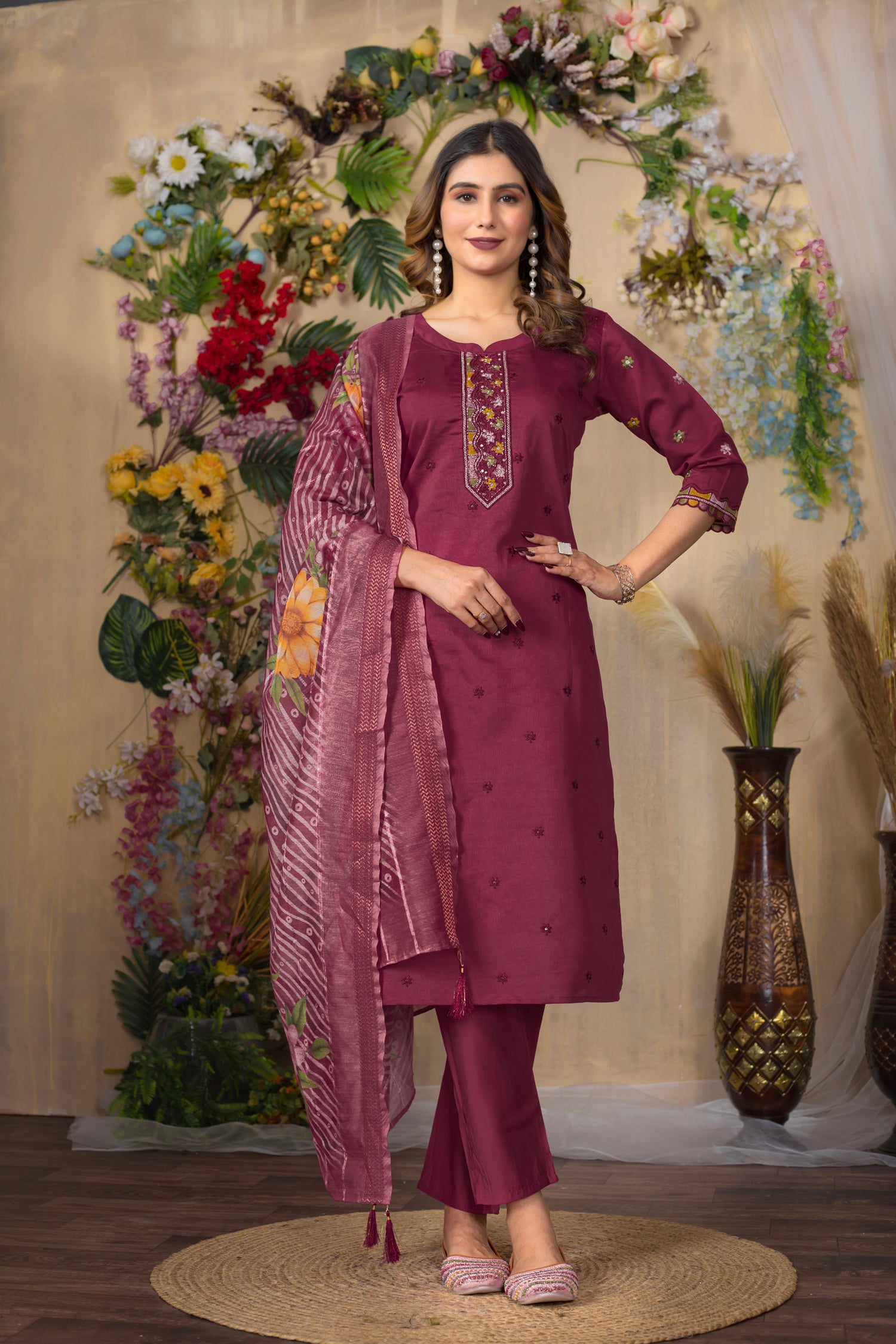Lorenvalley Fashion Cerise Roman Silk Multi Embroidery Thread With Hand Work Kurta Pant Dupatta