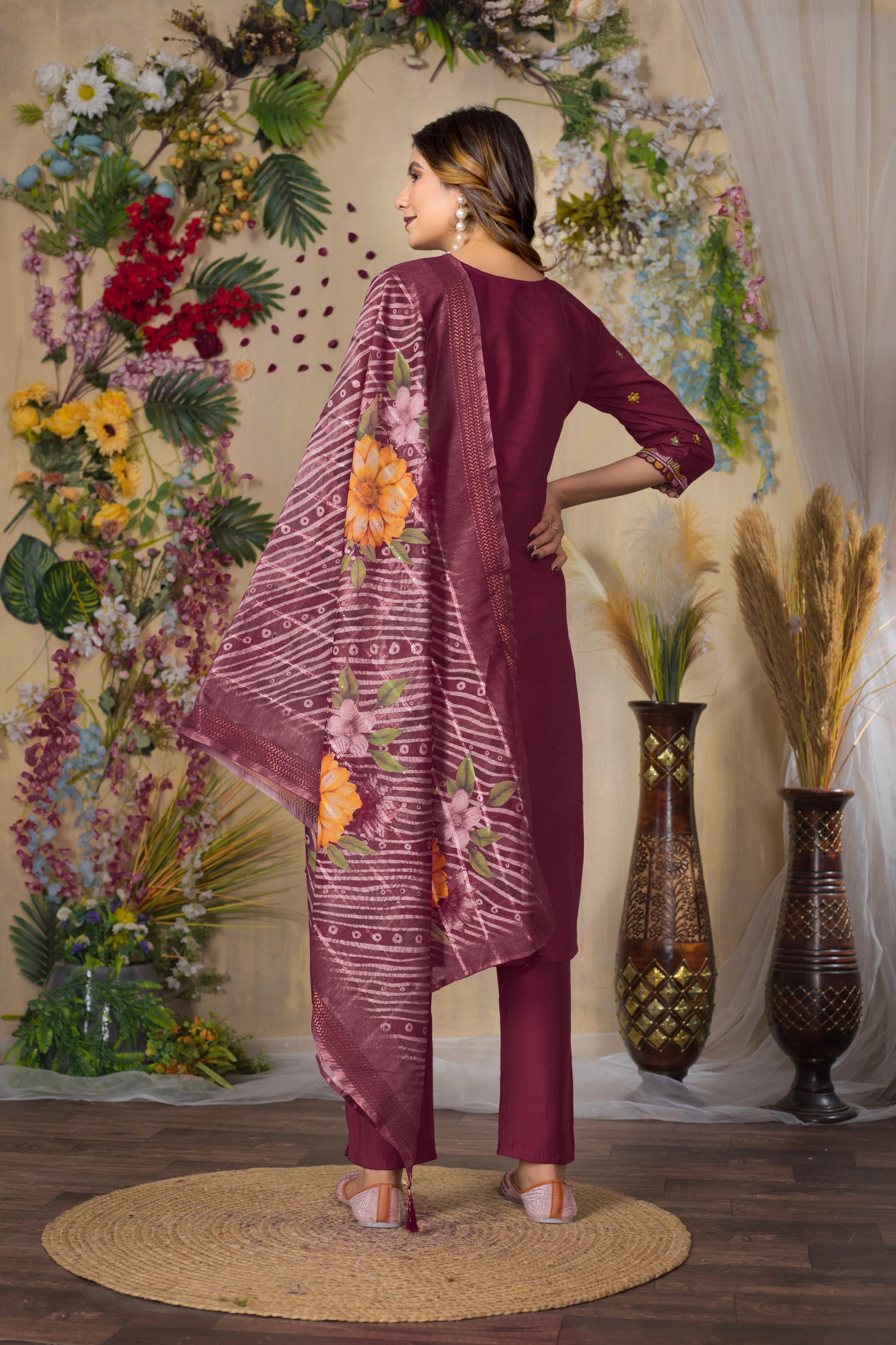 Lorenvalley Fashion Cerise Roman Silk Multi Embroidery Thread With Hand Work Kurta Pant Dupatta