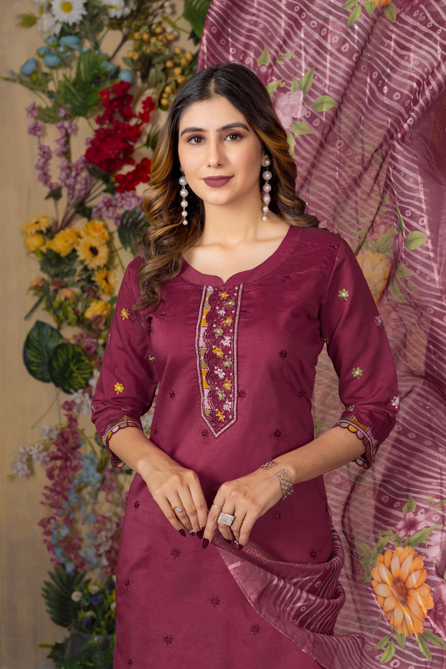 Lorenvalley Fashion Cerise Roman Silk Multi Embroidery Thread With Hand Work Kurta Pant Dupatta