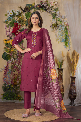 Lorenvalley Fashion Cerise Roman Silk Multi Embroidery Thread With Hand Work Kurta Pant Dupatta