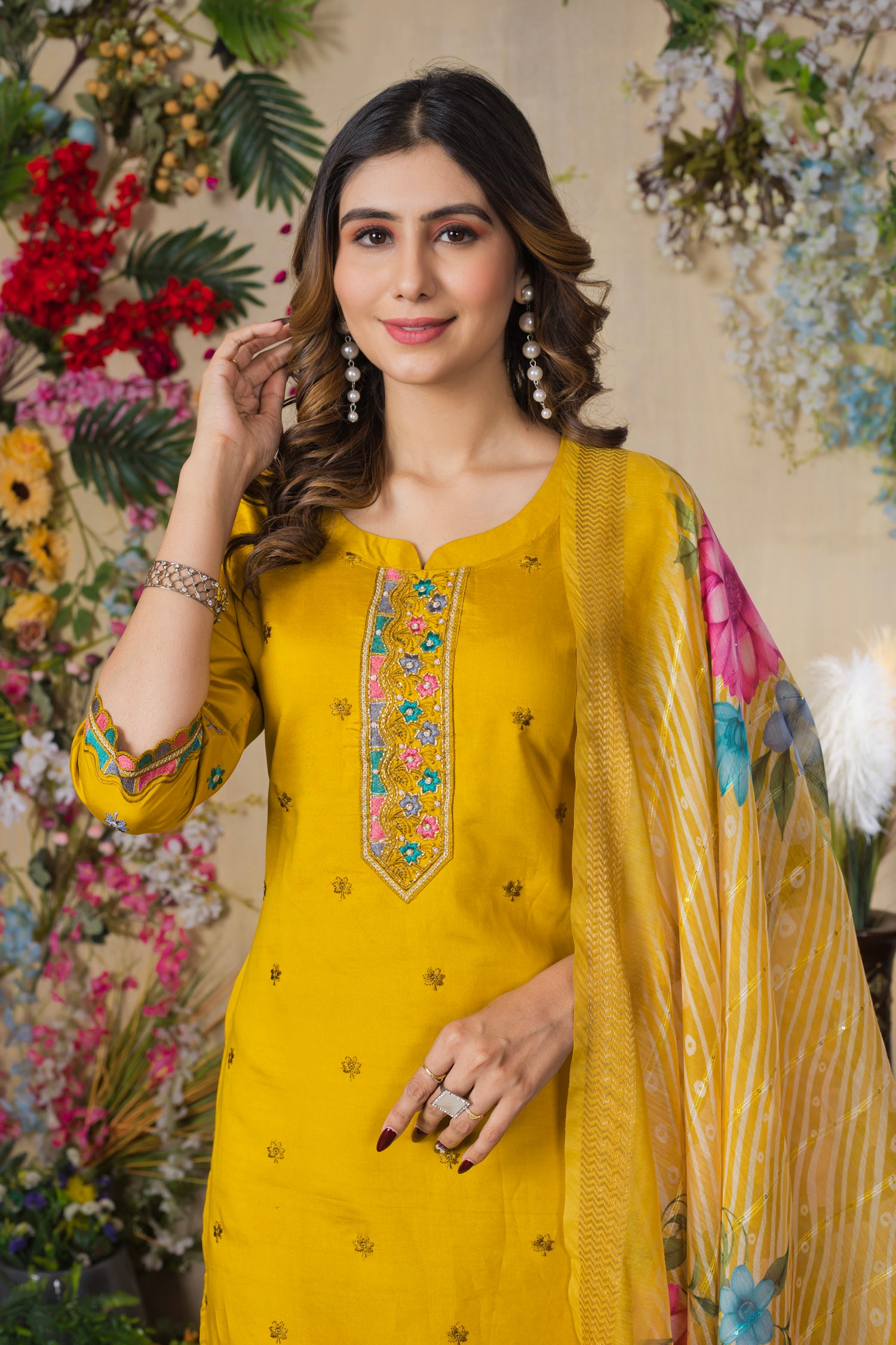 Lorenvalley Fashion Mustrad Roman Silk Multi Embroidery Thread With Hand Work Kurta Pant Dupatta