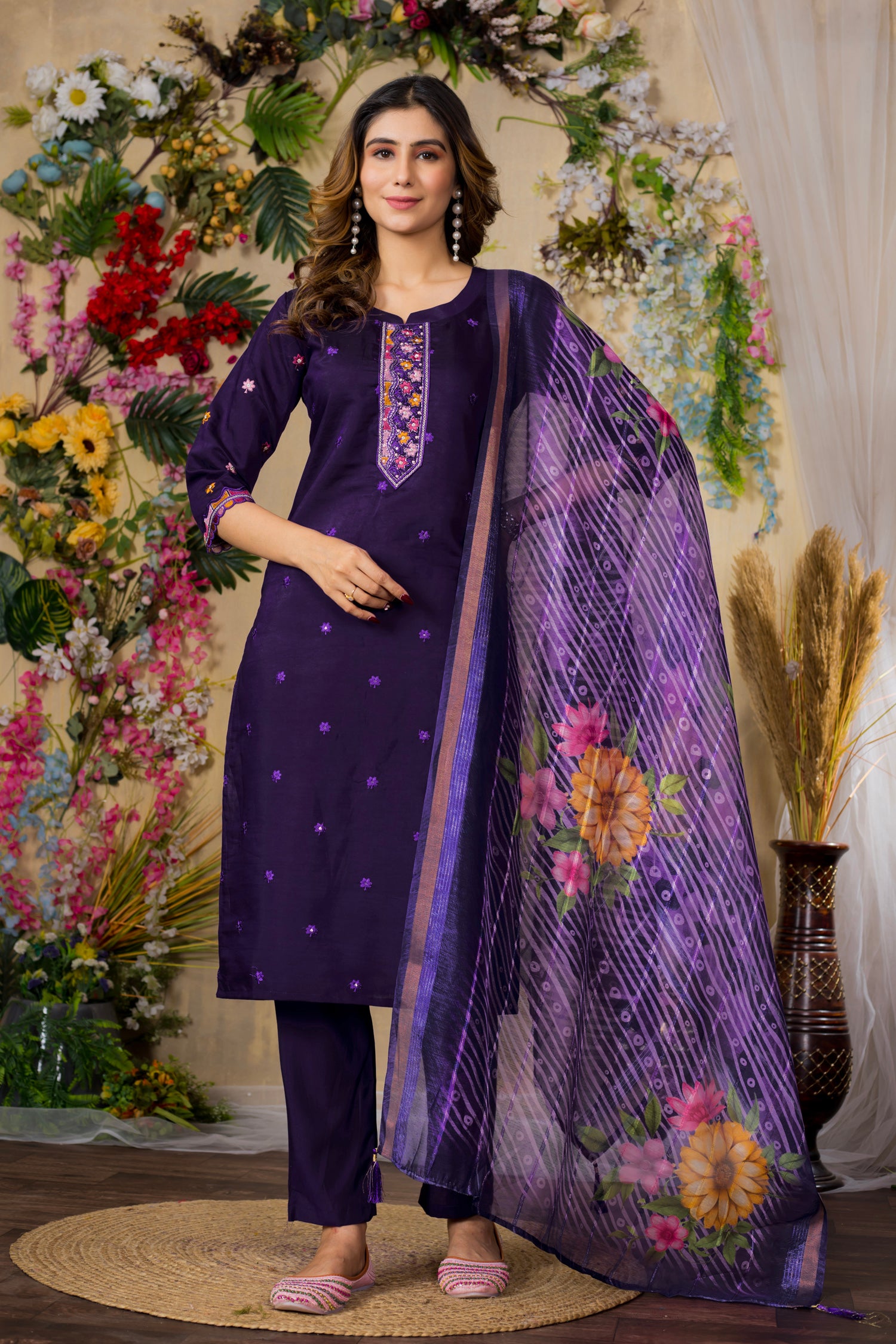Lorenvalley Fashion Purple Roman Silk Multi Embroidery Thread With Hand Work Kurta Pant Dupatta
