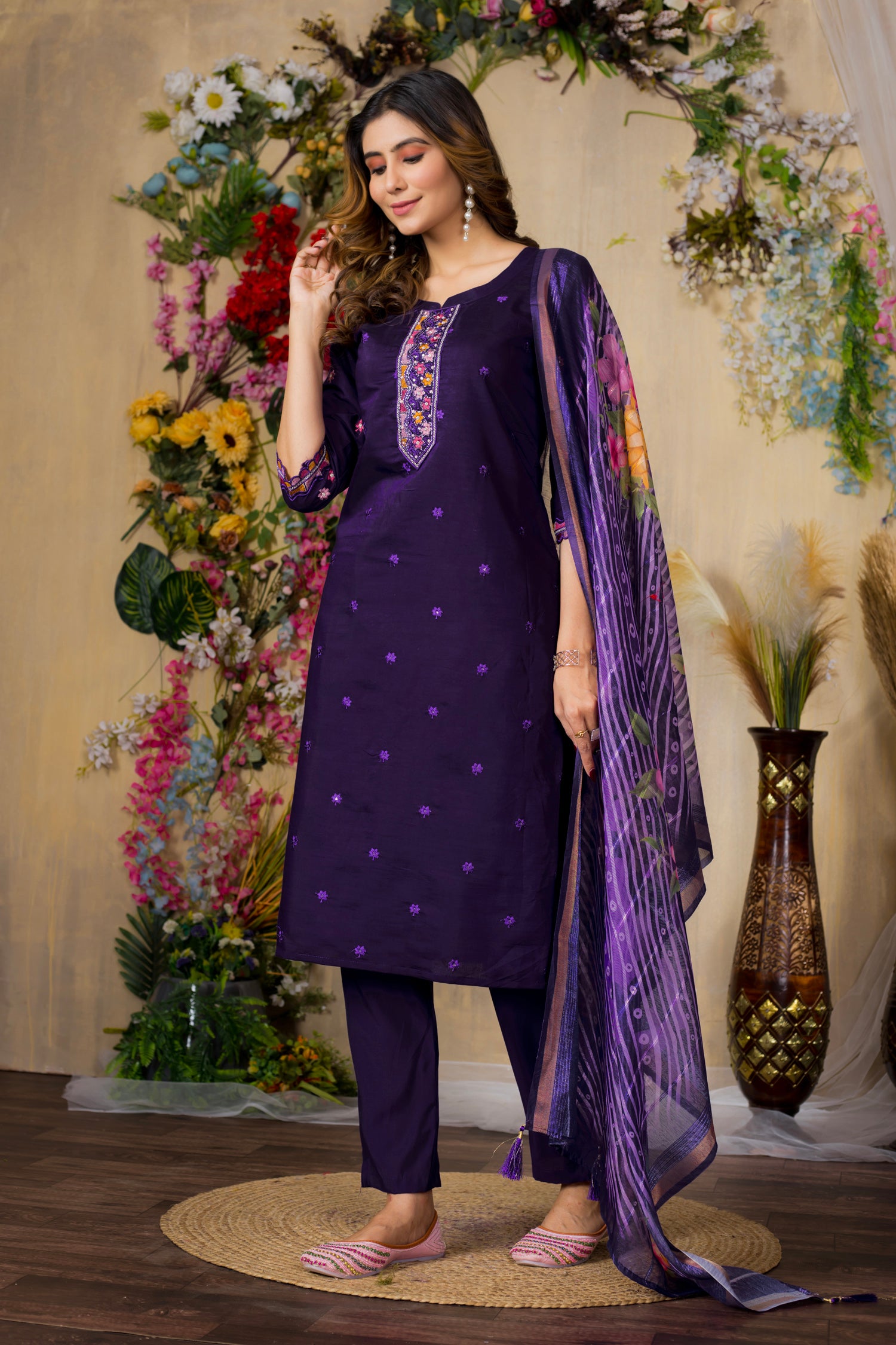 Lorenvalley Fashion Purple Roman Silk Multi Embroidery Thread With Hand Work Kurta Pant Dupatta