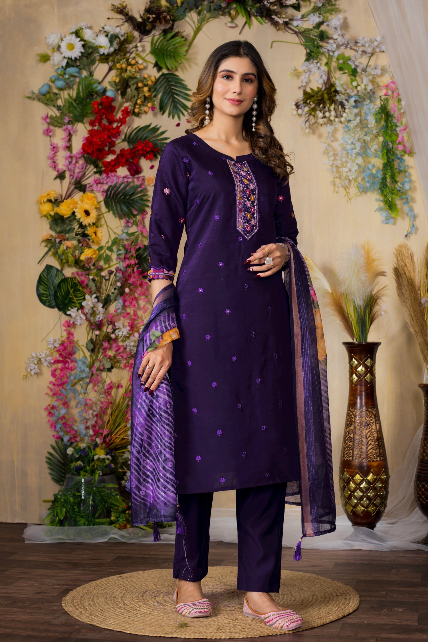 Lorenvalley Fashion Purple Roman Silk Multi Embroidery Thread With Hand Work Kurta Pant Dupatta