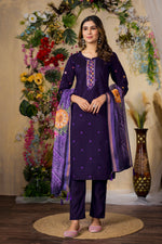 Thumbnail for Lorenvalley Fashion Purple Roman Silk Multi Embroidery Thread With Hand Work Kurta Pant Dupatta