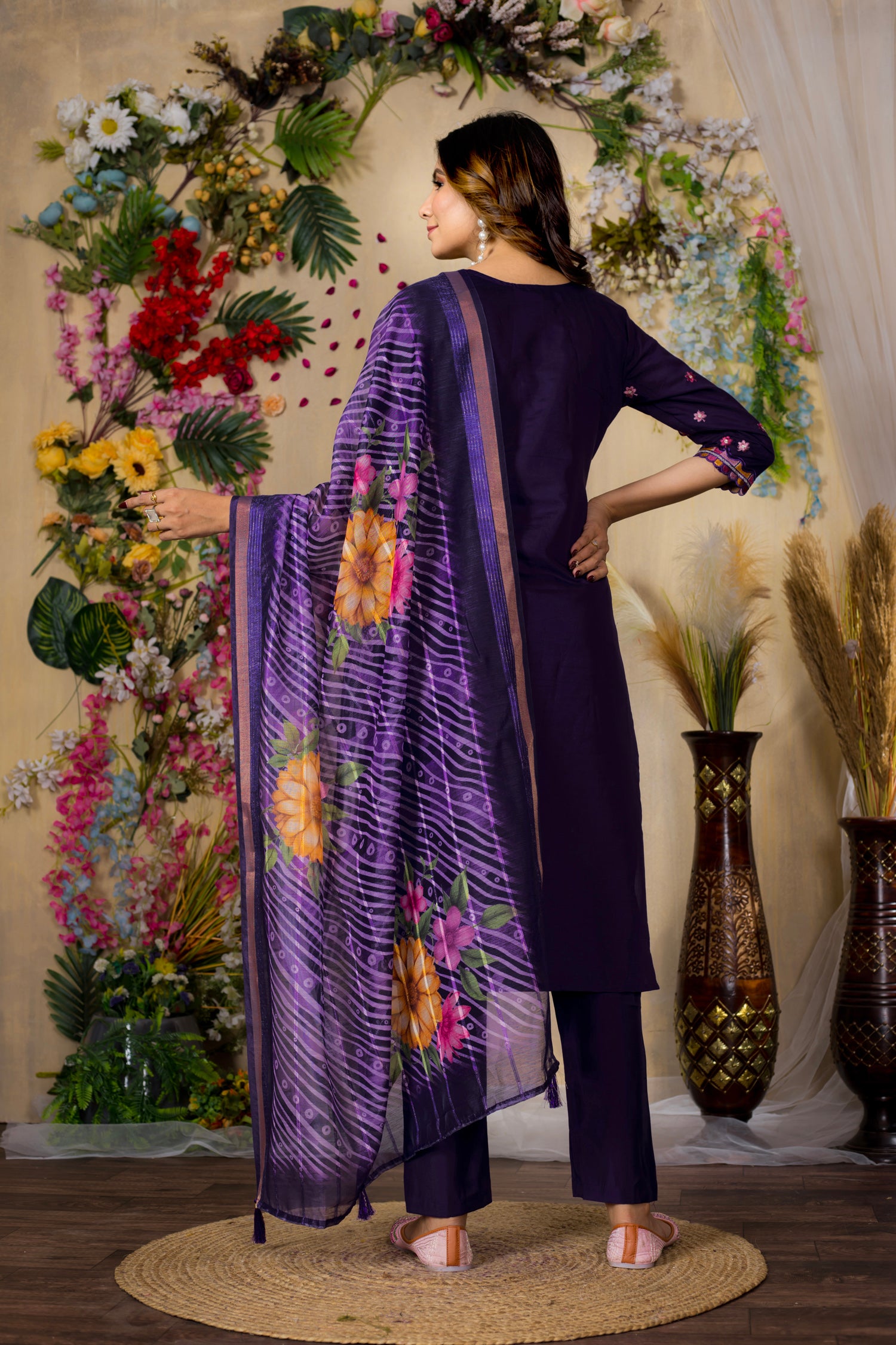 Lorenvalley Fashion Purple Roman Silk Multi Embroidery Thread With Hand Work Kurta Pant Dupatta