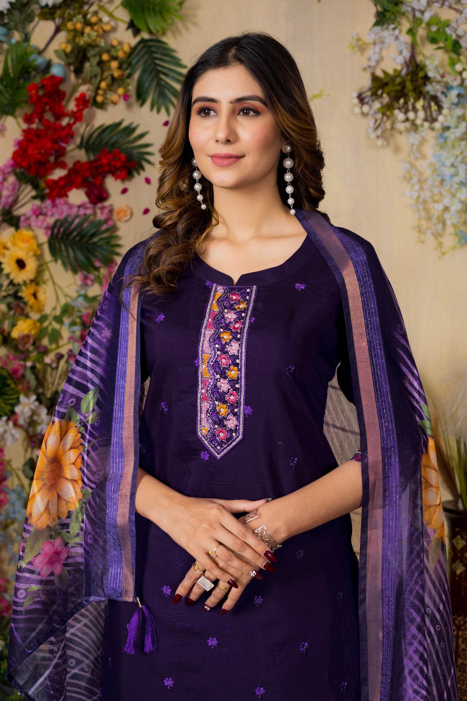 Lorenvalley Fashion Purple Roman Silk Multi Embroidery Thread With Hand Work Kurta Pant Dupatta
