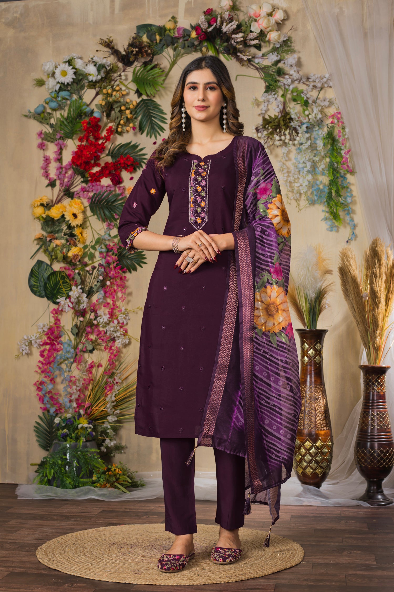 Lorenvalley Fashion Wine Roman Silk Multi Embroidery Thread With Hand Work Kurta Pant Dupatta