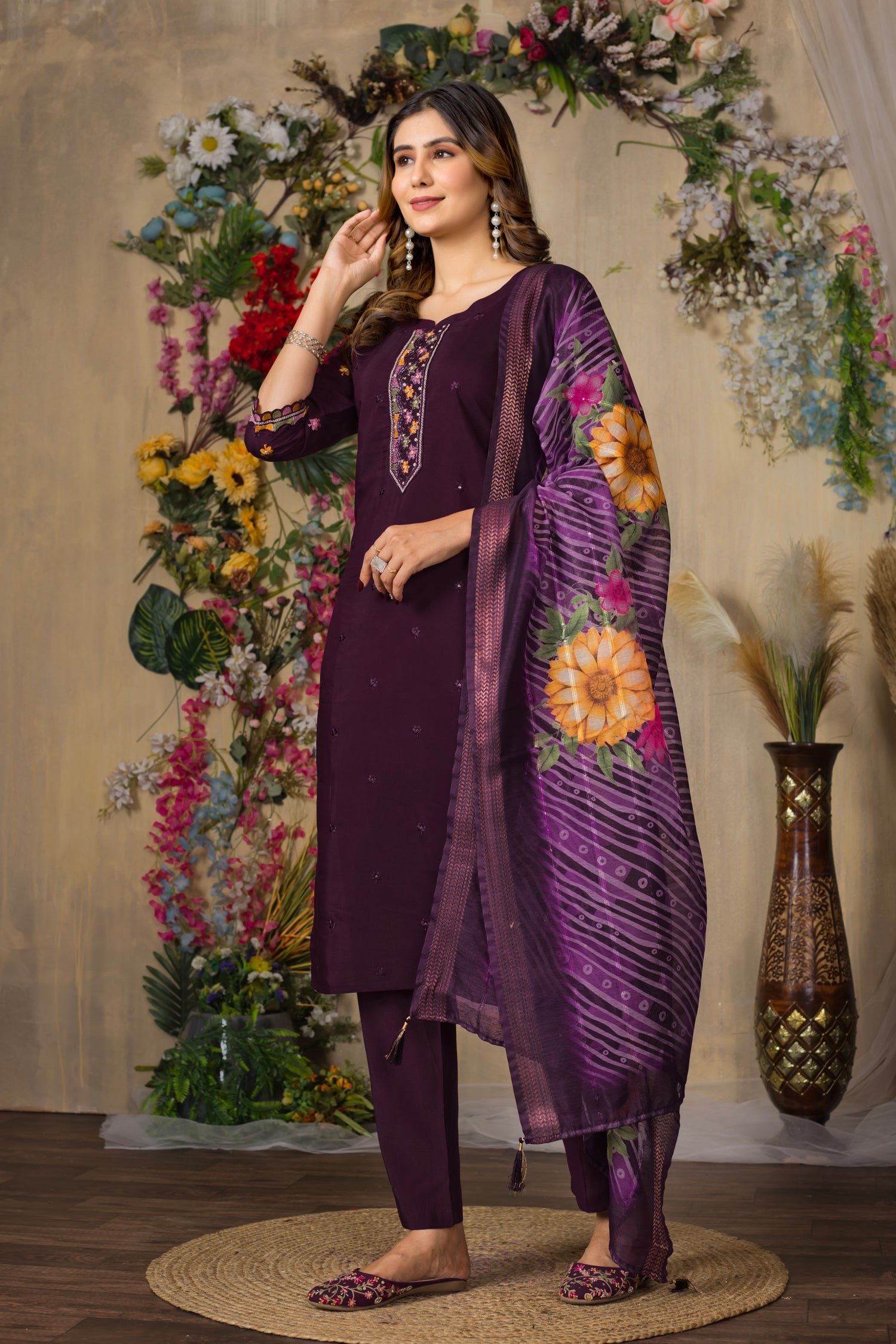 Lorenvalley Fashion Wine Roman Silk Multi Embroidery Thread With Hand Work Kurta Pant Dupatta