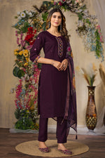 Thumbnail for Lorenvalley Fashion Wine Roman Silk Multi Embroidery Thread With Hand Work Kurta Pant Dupatta