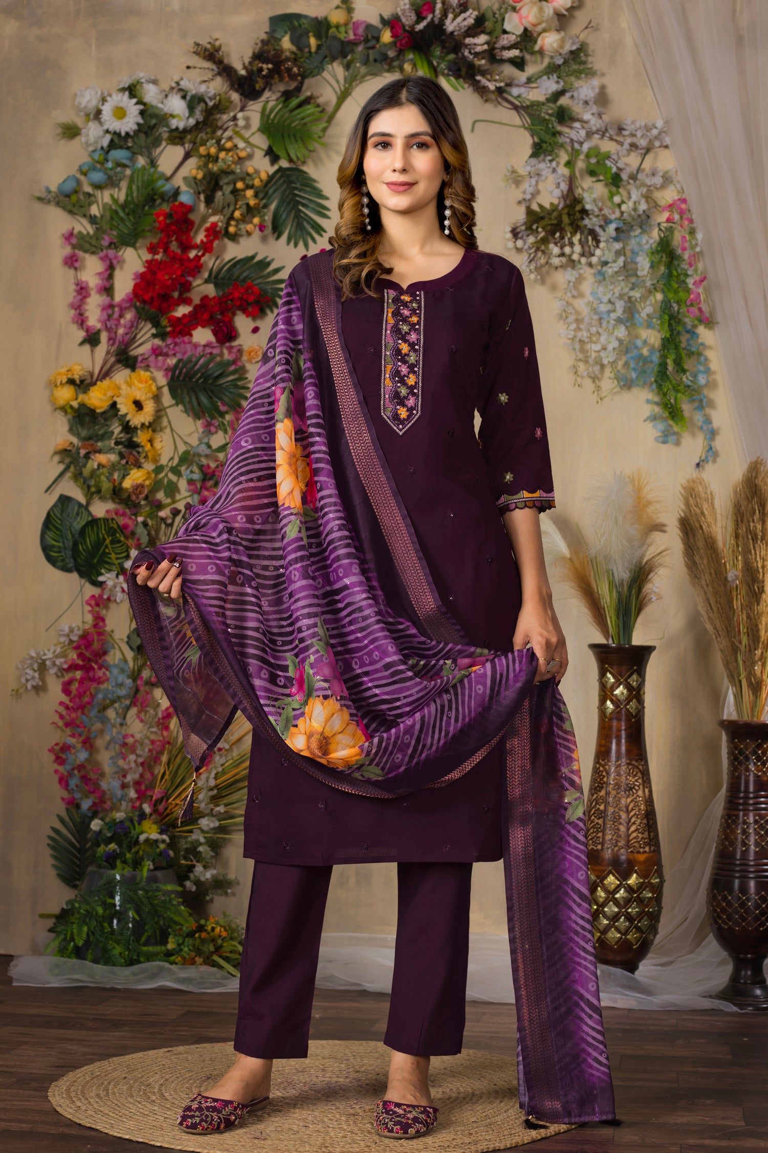 Lorenvalley Fashion Wine Roman Silk Multi Embroidery Thread With Hand Work Kurta Pant Dupatta