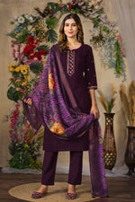 Thumbnail for Lorenvalley Fashion Wine Roman Silk Multi Embroidery Thread With Hand Work Kurta Pant Dupatta