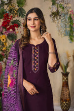 Thumbnail for Lorenvalley Fashion Wine Roman Silk Multi Embroidery Thread With Hand Work Kurta Pant Dupatta