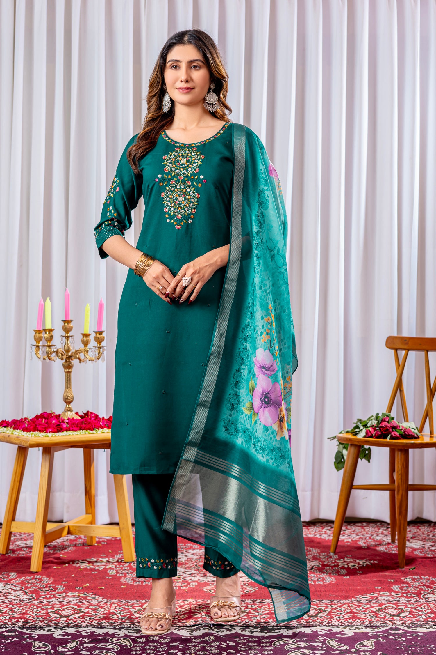 Lorenvalley Fashion Green Viscose Silk Embroidery Thread With Hand Work Kurta Pant Dupatta