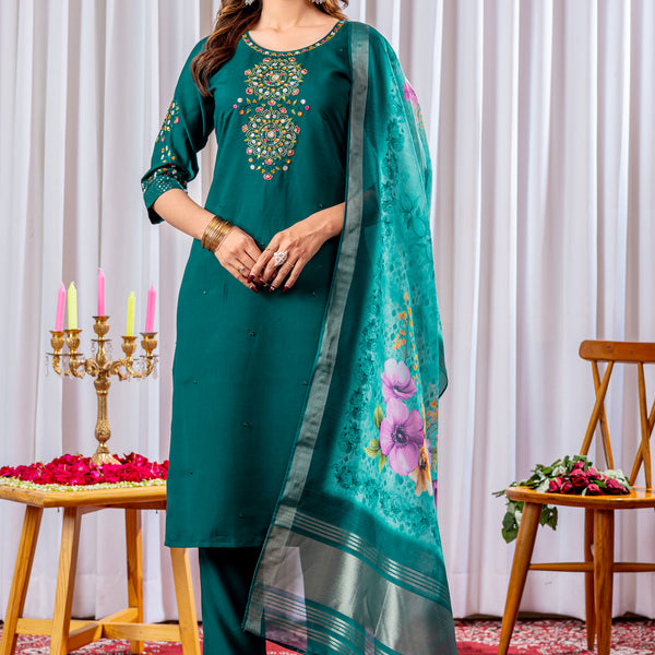 Lorenvalley Fashion Green Viscose Silk Embroidery Thread With Hand Work Kurta Pant Dupatta - Distacart